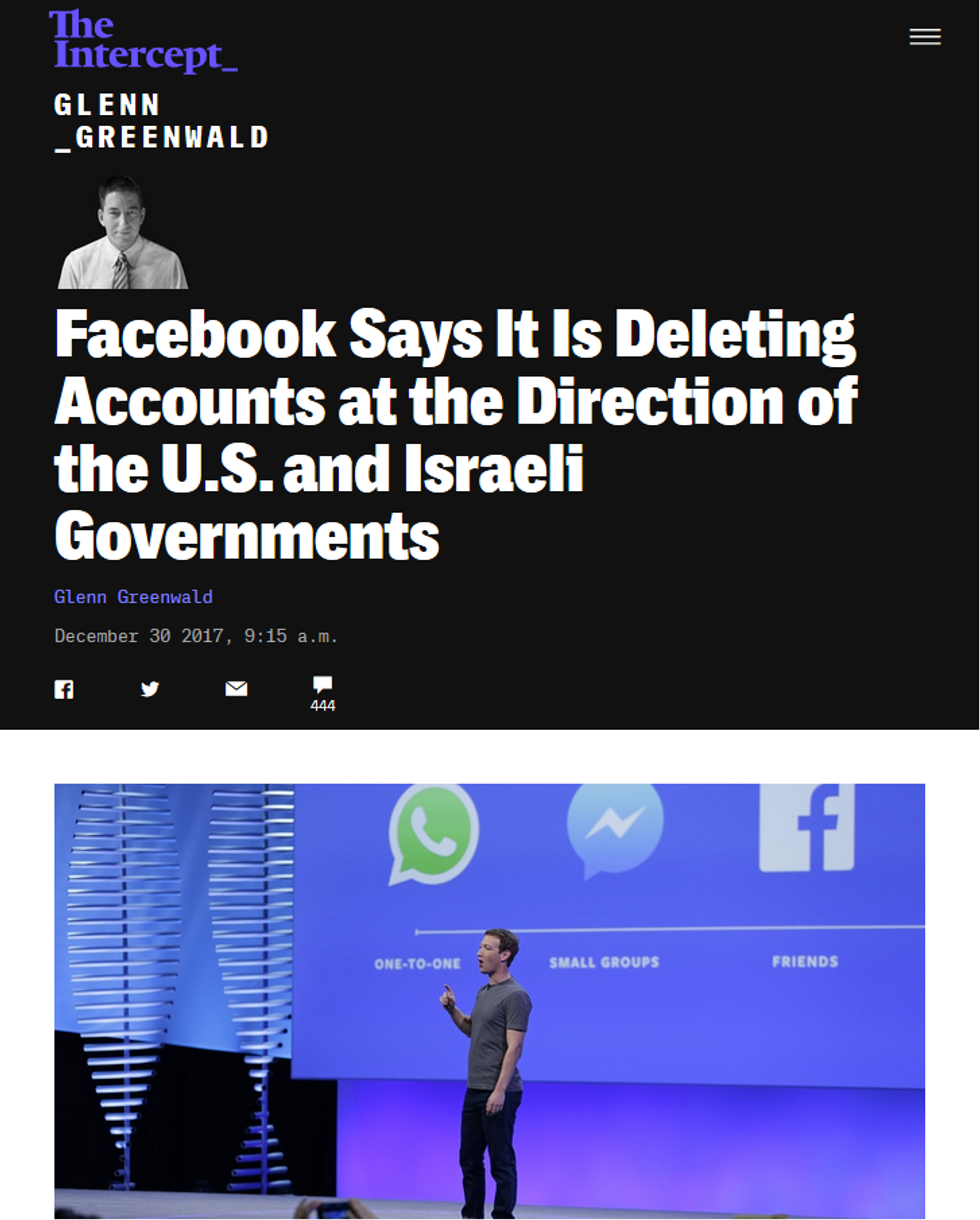 Facebook: Facebook Says It Is Deleting Accounts at the Direction of the U.S. and Israeli Governments