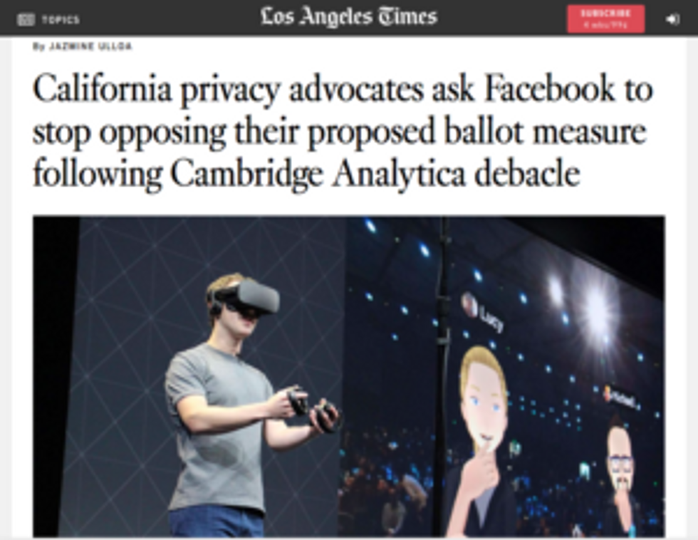 Facebook makes its own reality through lobbying efforts (LA Times, 3/20/18).