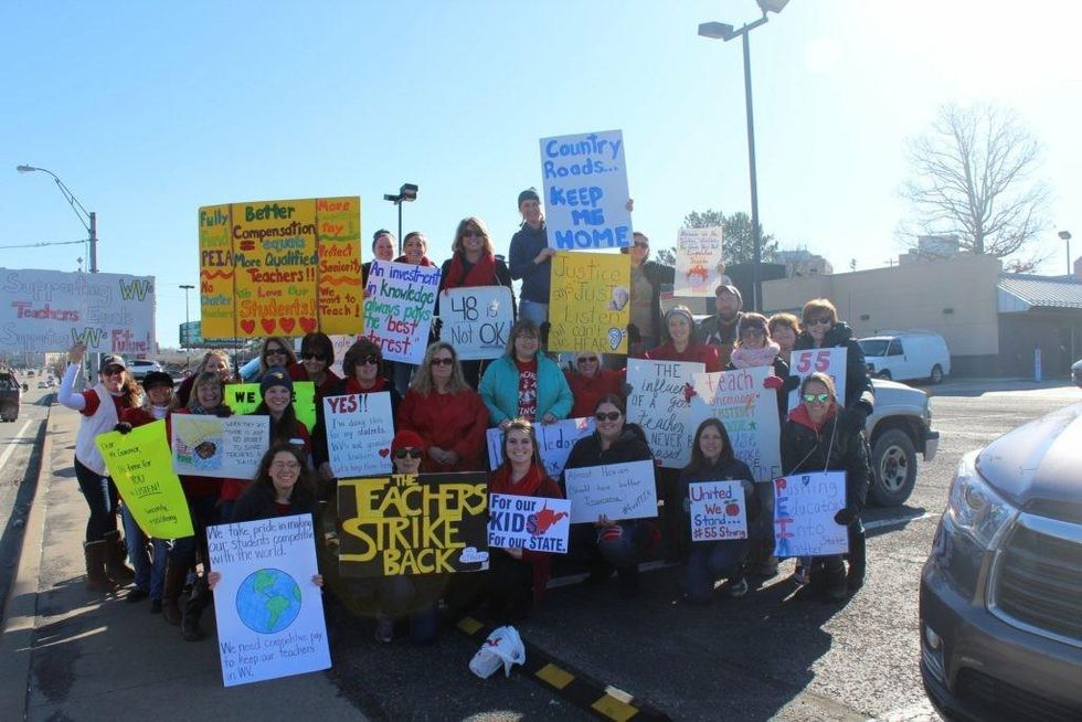 Faculty and staff of Suncrest Elementary School in Morgantown, West Virginia, in a show of solidarity during state's teacher strike. (Photo: Christianna Shaffer Olmert)