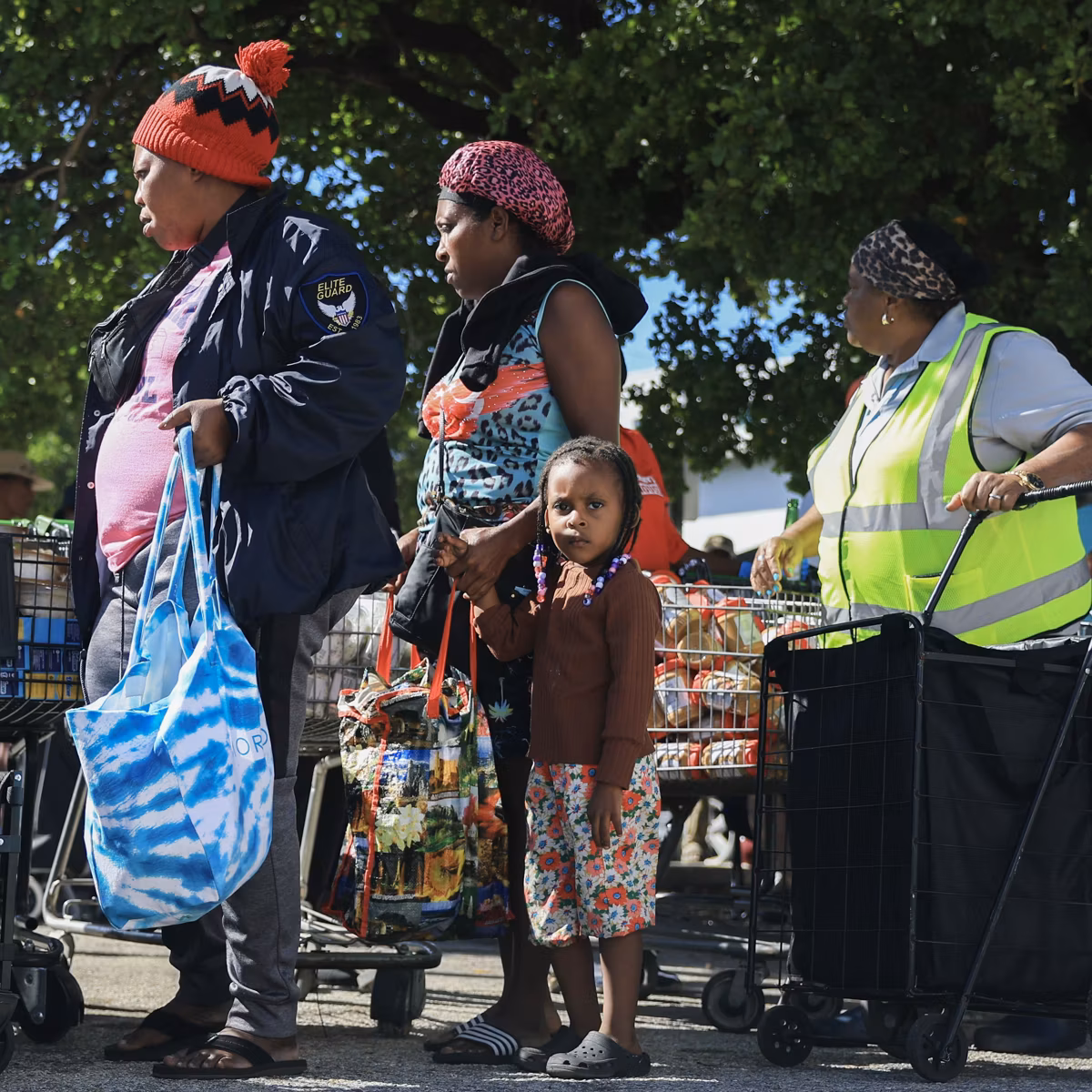 Families receive groceries from a food bank