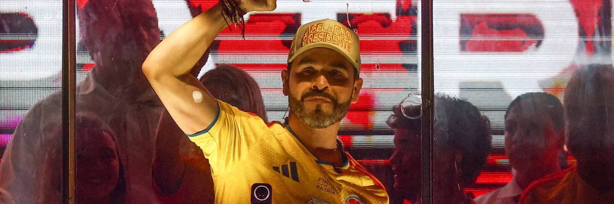 Far-right candidate Abelardo De La Espriella celebrates advancing to the runoff in Colombia