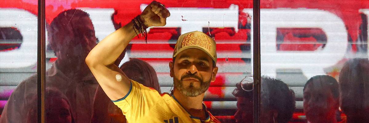 Far-right candidate Abelardo De La Espriella celebrates advancing to the runoff in Colombia