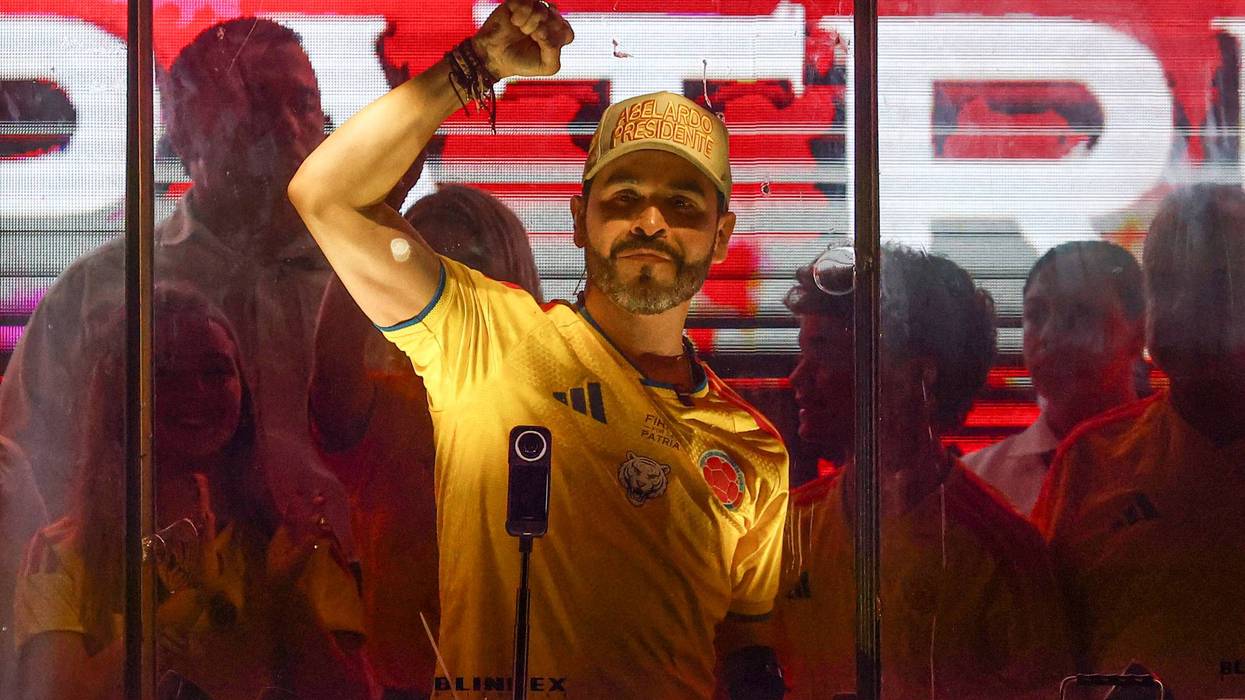 Far-right candidate Abelardo De La Espriella celebrates advancing to the runoff in Colombia