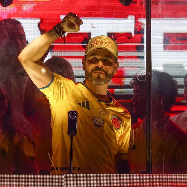 Far-right candidate Abelardo De La Espriella celebrates advancing to the runoff in Colombia