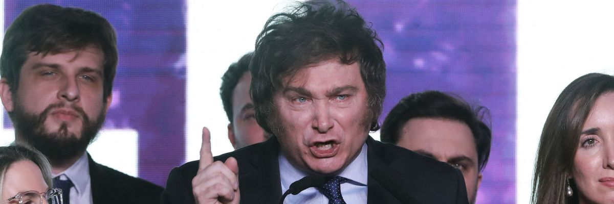 Far-right presidential candidate Javier Milei speaks while celebrating