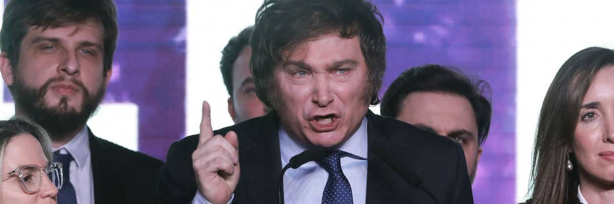 Far-right presidential candidate Javier Milei speaks while celebrating