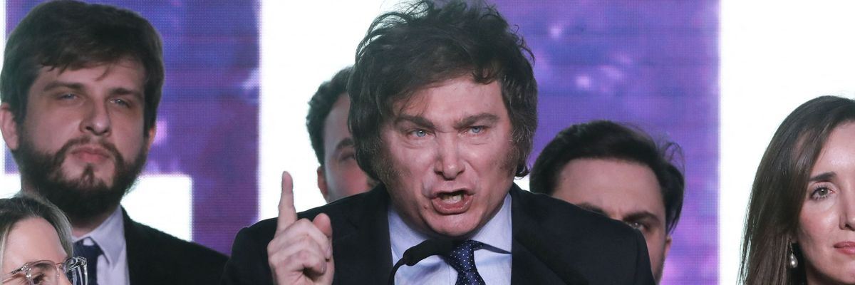 Far-right presidential candidate Javier Milei speaks while celebrating