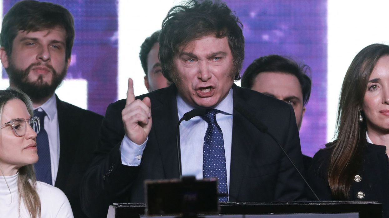 Far-right presidential candidate Javier Milei speaks while celebrating