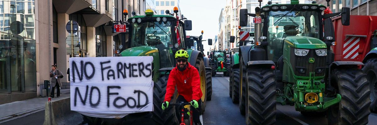 Farmers block the road with tractors