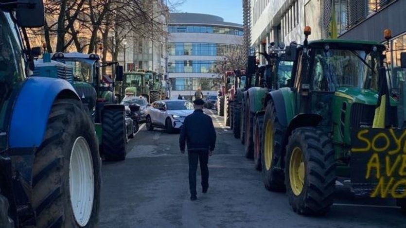 Farmers protest with tractors. 