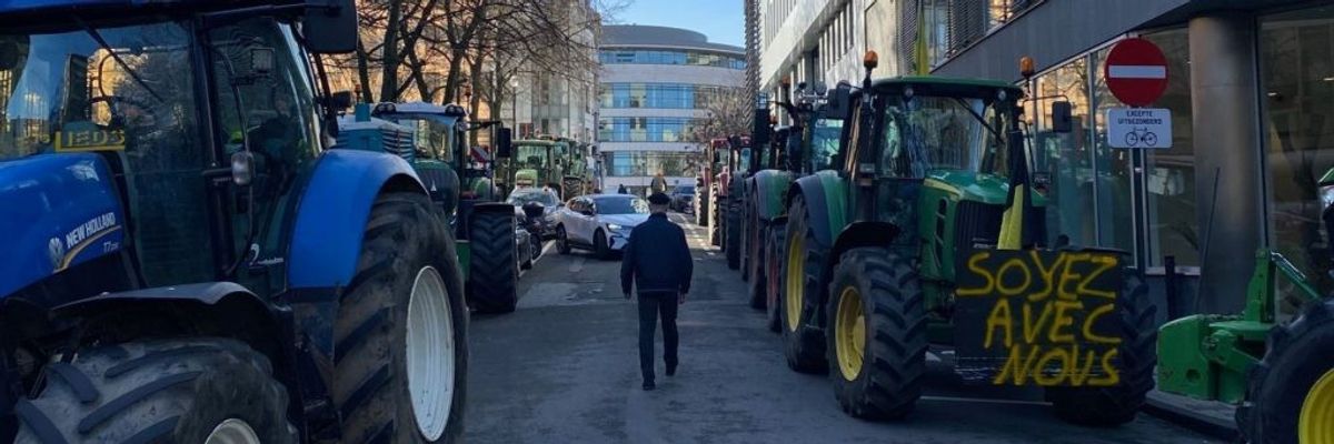 Farmers protest with tractors.