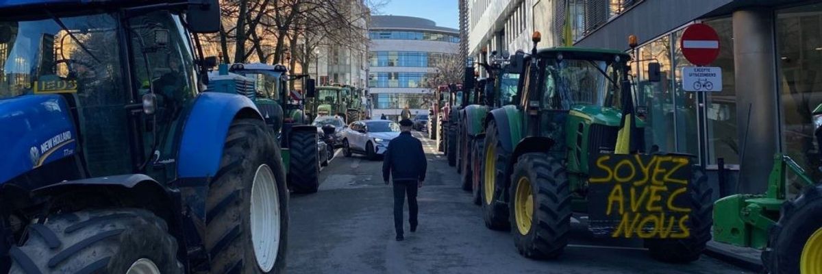 Farmers protest with tractors. 