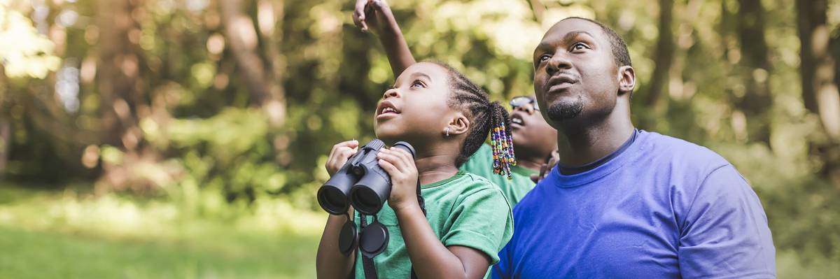 Father and children bird-watching.