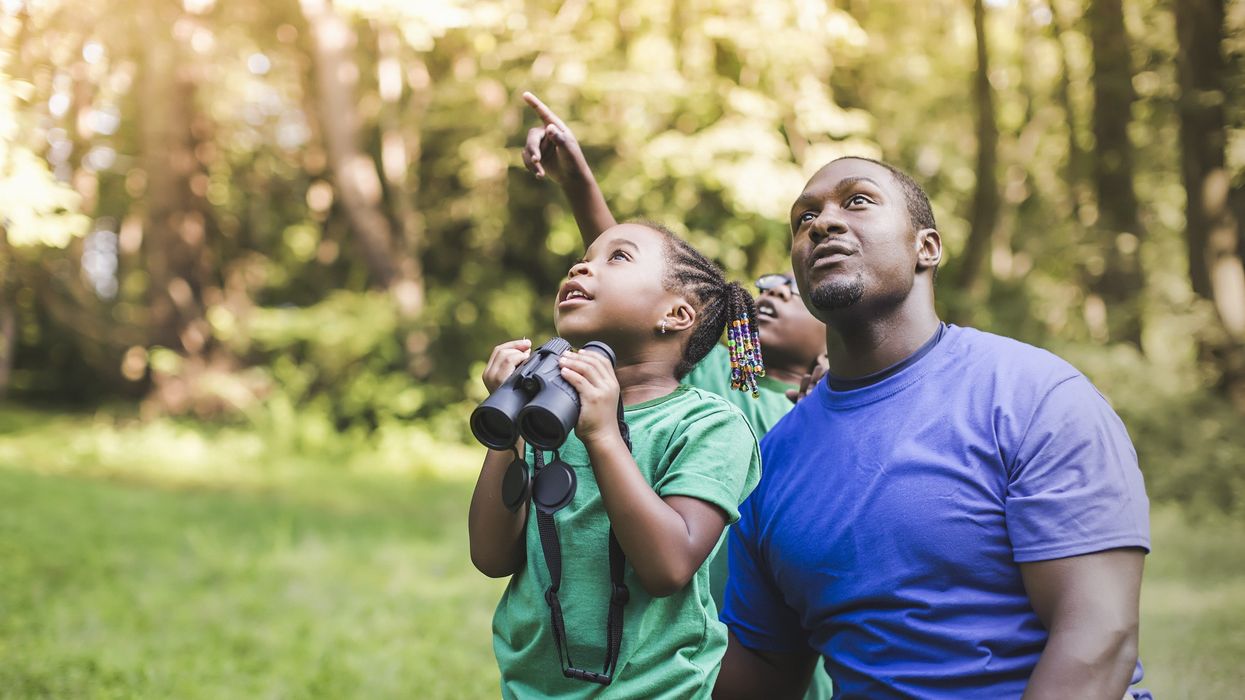 Father and children bird-watching.