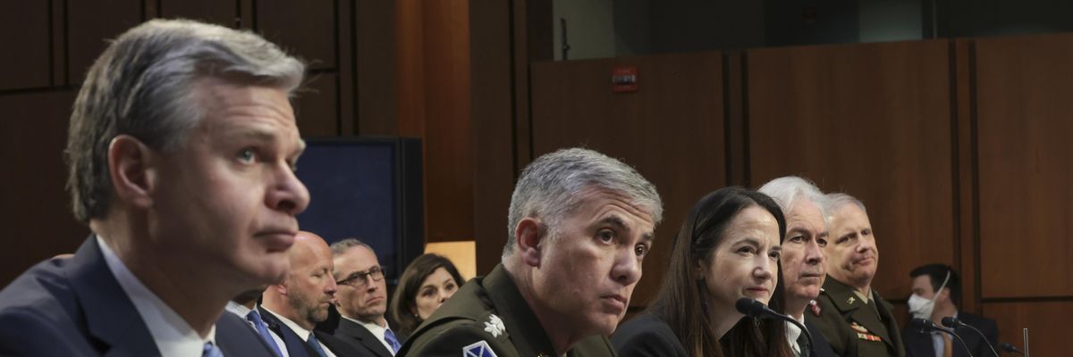 FBI Director Christopher Wray, National Security Agency, NSA Director Gen. Paul Nakasone, Director of National Intelligence Avril Haines, CIA Director William Burns, and Defense Intelligence Agency Director Lt. General Scott Berrier testify before the Senate Intelligence Committee on March 10, 2022.
