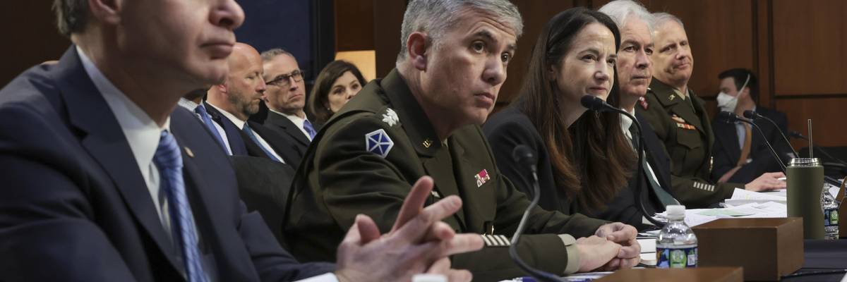 FBI Director Christopher Wray, National Security Agency, NSA Director Gen. Paul Nakasone, Director of National Intelligence Avril Haines, CIA Director William Burns, and Defense Intelligence Agency Director Lt. General Scott Berrier testify before the Senate Intelligence Committee on March 10, 2022.