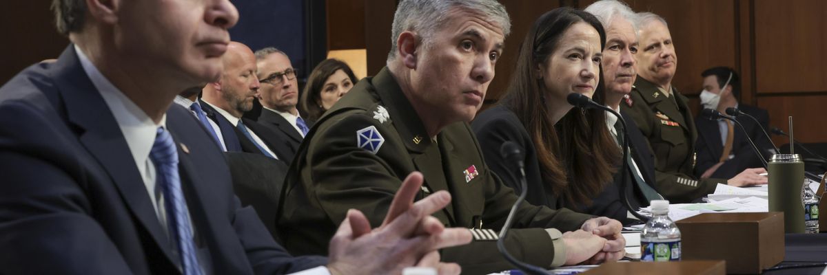 FBI Director Christopher Wray, National Security Agency, NSA Director Gen. Paul Nakasone, Director of National Intelligence Avril Haines, CIA Director William Burns, and Defense Intelligence Agency Director Lt. General Scott Berrier testify before the Senate Intelligence Committee on March 10, 2022.