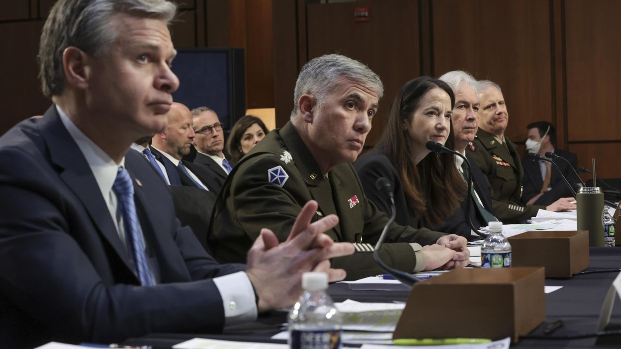 FBI Director Christopher Wray, National Security Agency, NSA Director Gen. Paul Nakasone, Director of National Intelligence Avril Haines, CIA Director William Burns, and Defense Intelligence Agency Director Lt. General Scott Berrier testify before the Senate Intelligence Committee on March 10, 2022.