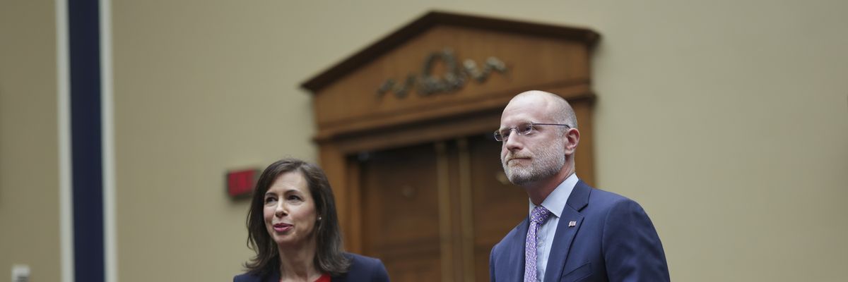 FCC Chair Jessica Rosenworcel and Commissioner Brendan Carr arrived to testify during a U.S. House hearing on March 31, 2022 in Washington, D.C.