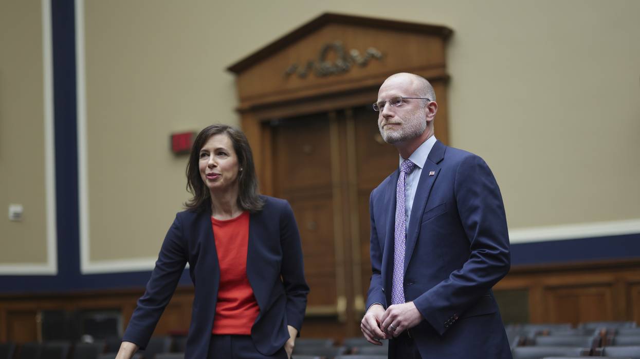 FCC Chair Jessica Rosenworcel and Commissioner Brendan Carr arrived to testify during a U.S. House hearing on March 31, 2022 in Washington, D.C.