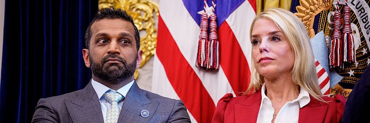 Federal Bureau of Investigation Director Kash Patel and US Attorney General Pam Bondi join President Donald Trump in the Oval Office