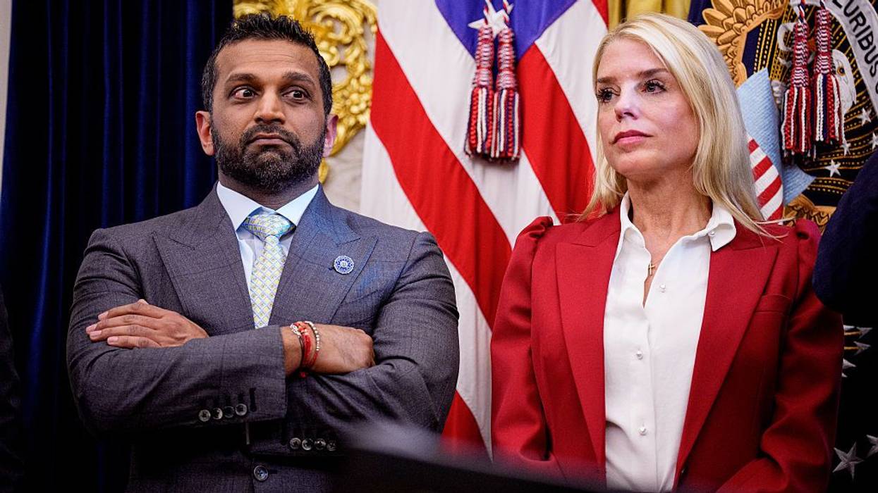 Federal Bureau of Investigation Director Kash Patel and US Attorney General Pam Bondi join President Donald Trump in the Oval Office