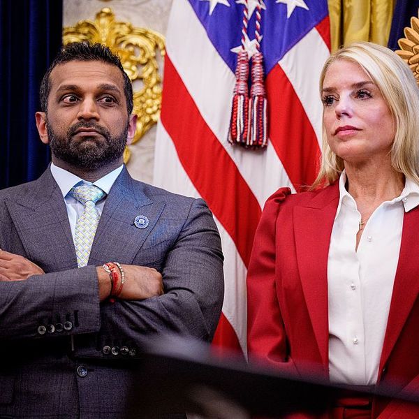 Federal Bureau of Investigation Director Kash Patel and US Attorney General Pam Bondi join President Donald Trump in the Oval Office