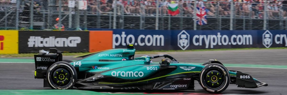 Fernando Alonso drives a car sponsored by Aramco