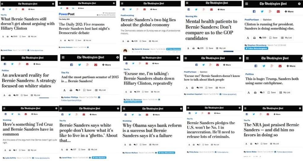Fifteen of the 16 negative stories on the Bernie Sanders campaign that the Washington Post ran over a 16-hour period (FAIR.org, 3/8/16).