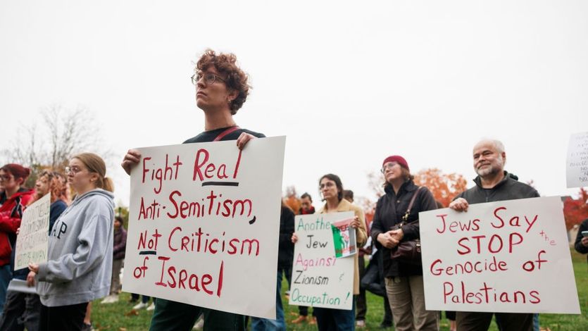 "Fight real anti-semitism, not criticism of Israel," sign reads at protest Indiana University