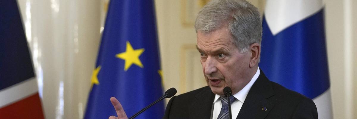 Finland's President Sauli Niinisto makes a point during a joint press conference with British Prime Minister Boris Johnson at the Presidential Palace on May 11, 2022 in Helsinki, Finland.