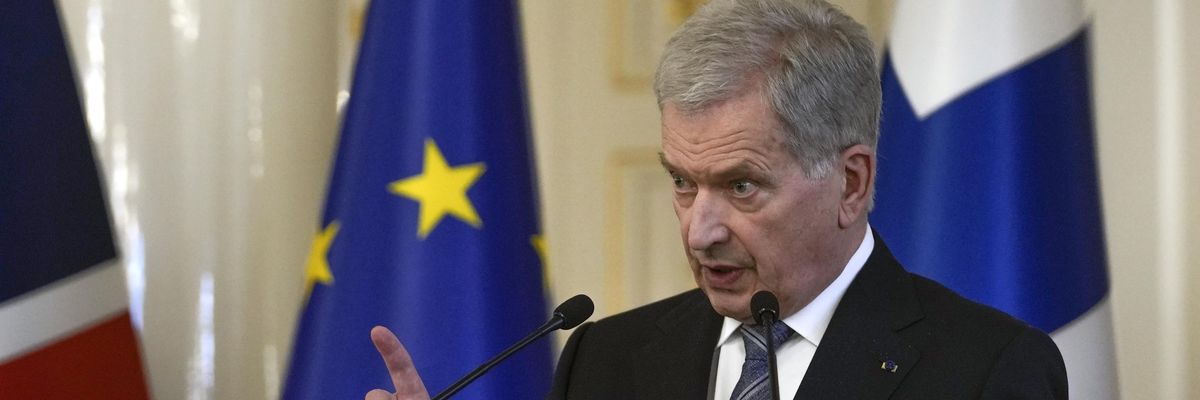 Finland's President Sauli Niinisto makes a point during a joint press conference with British Prime Minister Boris Johnson at the Presidential Palace on May 11, 2022 in Helsinki, Finland.