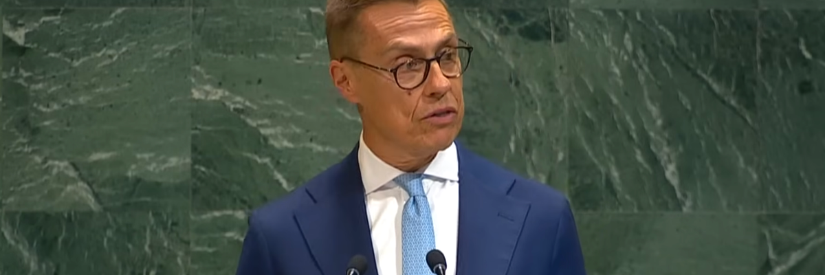 Finnish President Alexander Stubb addresses the UN General Assembly
