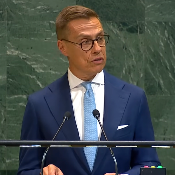 Finnish President Alexander Stubb addresses the UN General Assembly