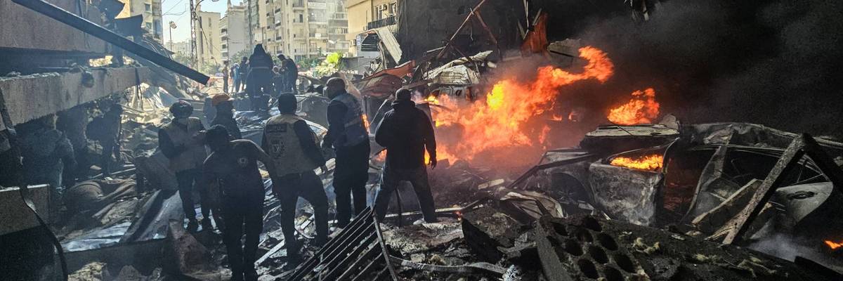 Fire in Lebanon following Israeli bombing.