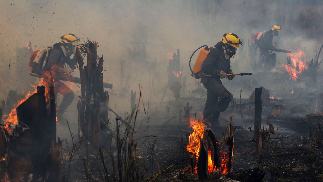 Firefighters and volunteers combat a fire on the Amazonia rainforest i
