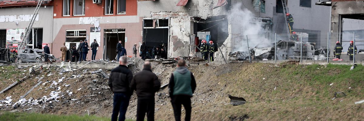 Firefighters combat a blaze in Lviv