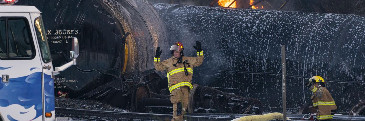 Firefighters respond after a train carrying crude oil derailed on December 22, 2020 in Custer, Washington.