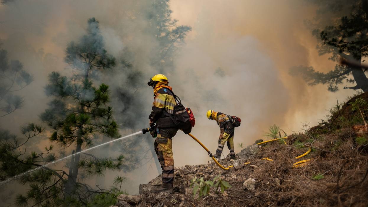 Firefighters work to put out a blaze in La Palma
