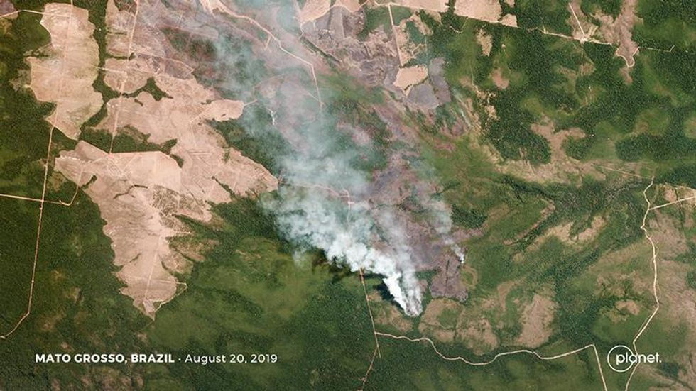 Fires burning on the margins of forest and cleared agricultural areas in the Brazilian state of Mato Grosso on August 20, 2019. Courtesy of Planet Labs Inc