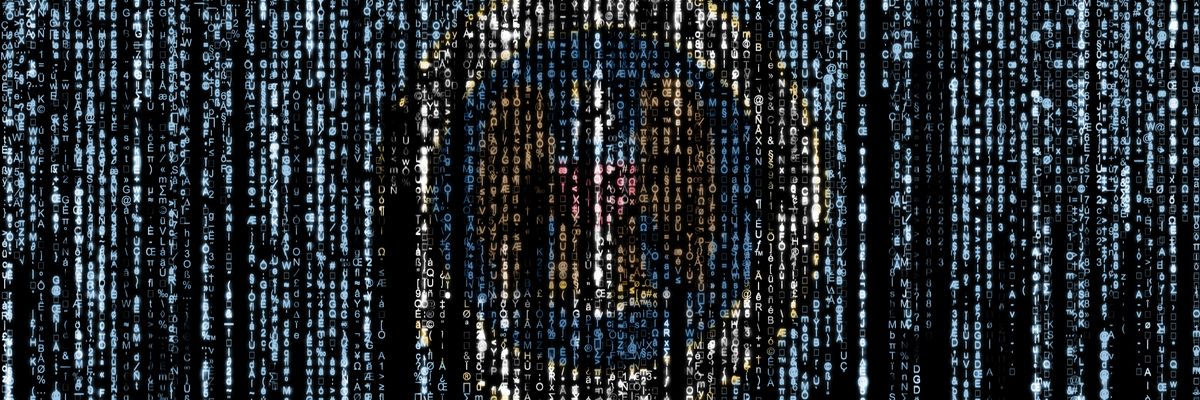 Flag of the National Security Agency appears as a computer binary codes falling from the top and fading away