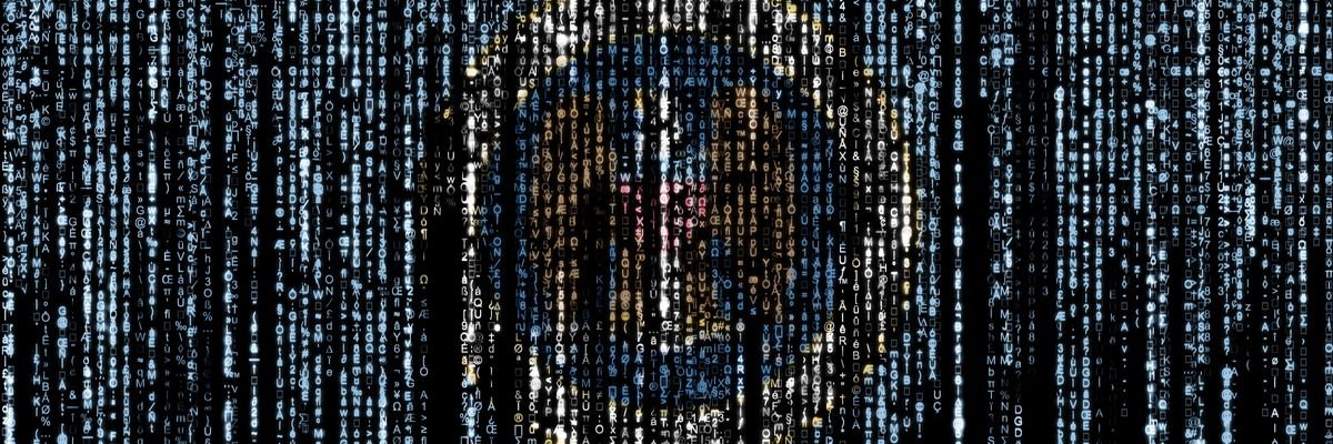 Flag of the National Security Agency appears as a computer binary codes falling from the top and fading away