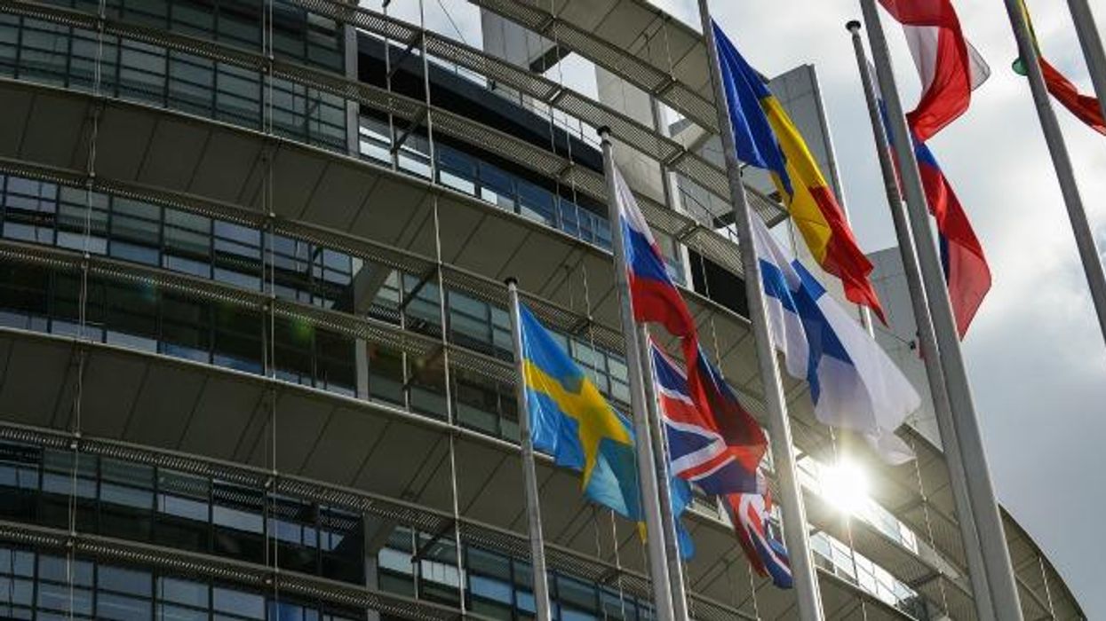 Flags outside the European Parliament building.