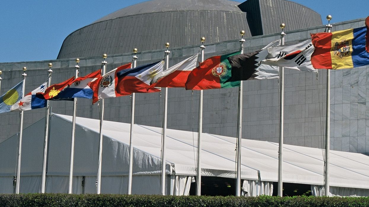 Flags outside UN headquarters.