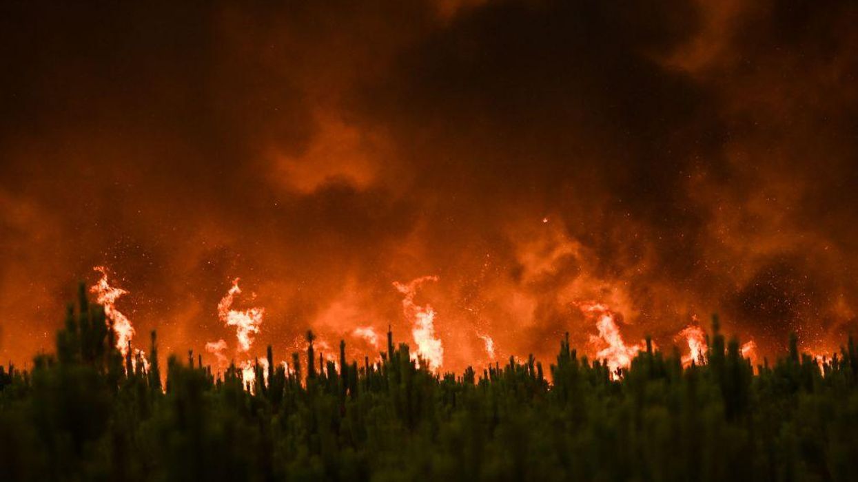 Flames burn trees during a forest fire near Belin-Beliet in Gironde, southwestern France, on August 10, 2022.
