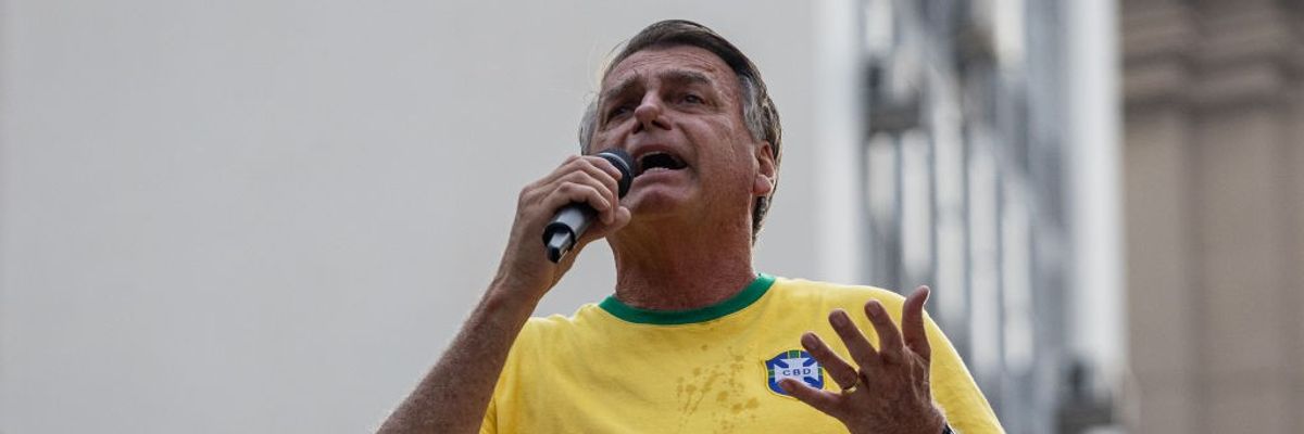 Former Brazilian President Jair Bolsonaro speaks at a rally in Brazil