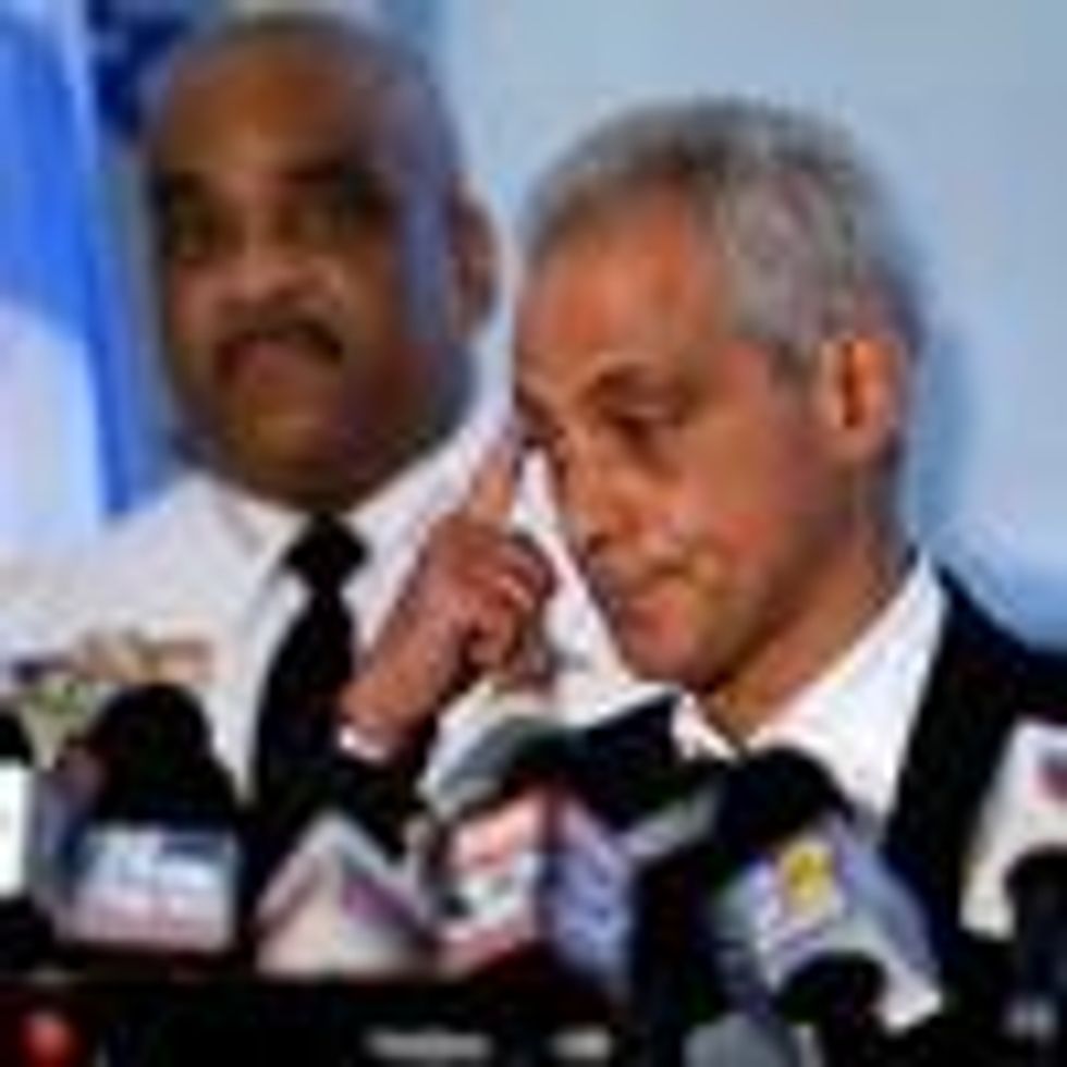 Former Chicago Mayor Rahm Emanuel speaks during a news conference at the Chicago Police Department's 6th District station on August 6, 2018.