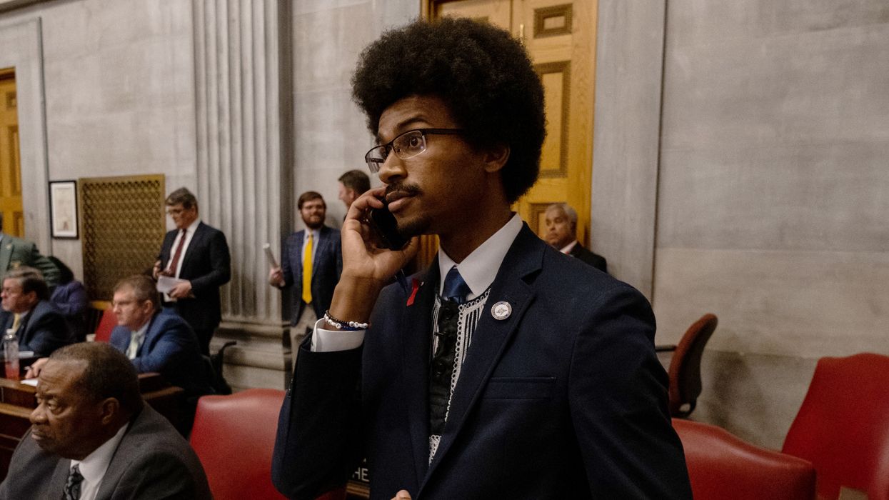 Former Democratic state Rep. Justin Pearson of Memphis speaks on his phone