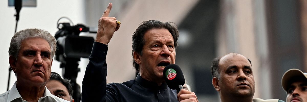 Former Pakistani Prime Minister Imran Khan addresses supporters