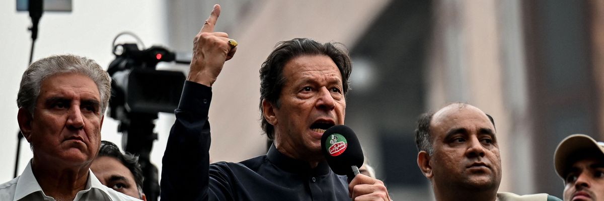 Former Pakistani Prime Minister Imran Khan addresses supporters